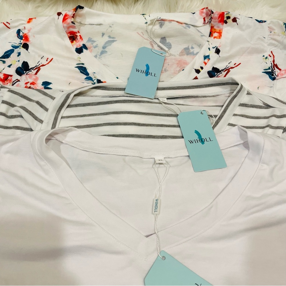 NWT WIHOLL PACK OF THREE T-SHIRTS TEES SIZE XL WITH FREE GIFT WHITE FLORAL GRAY